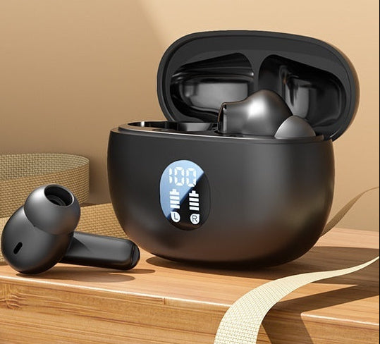 Midnight black high-end wireless earbuds ACS noise reduction charging case.