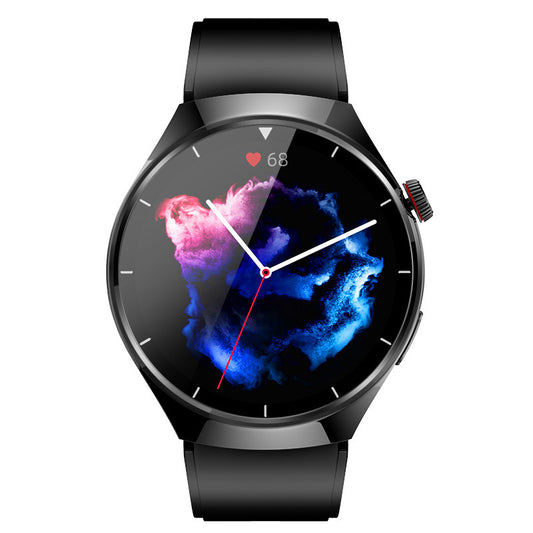 Premium Bluetooth smartwatch black silicone strap round IPS touch screen iOS Android.
