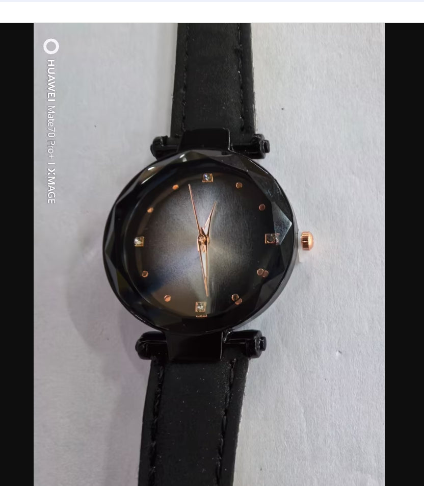 LSVTR women's watch black starry sky dial rose gold magnetic mesh strap 3D faceted quartz ladies.
