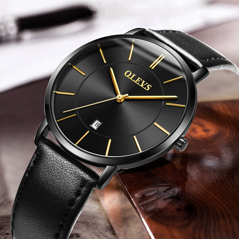 OLEVS men's slim dress watch black dial rose gold case leather strap waterproof 3 Bar Japan quartz.
