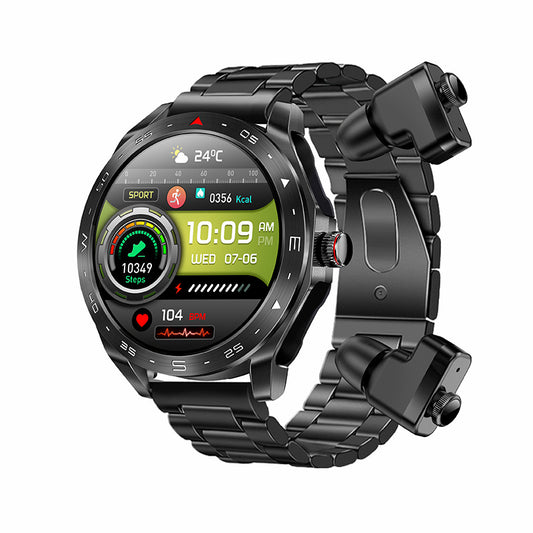 T95 2-in-1 smartwatch black steel bracelet TWS earbuds Bluetooth health monitor.
