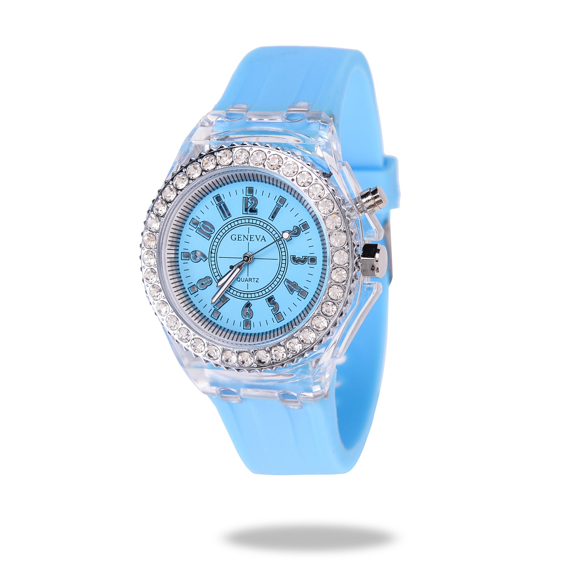 Geneva Rhinestone Watch Women Dark Blue Silicone Strap Luminous.
