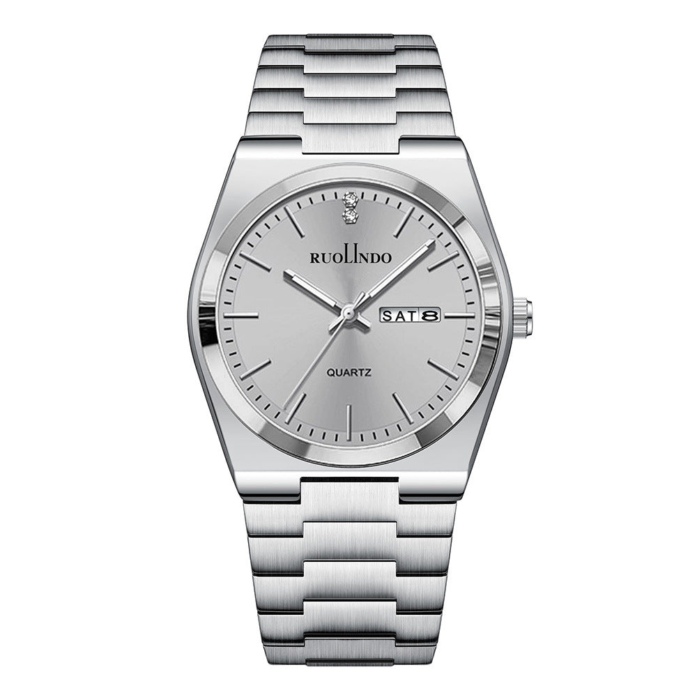 RUOLINDO Rose Gold Men's Watch Double Calendar Luminous Stainless Steel.
