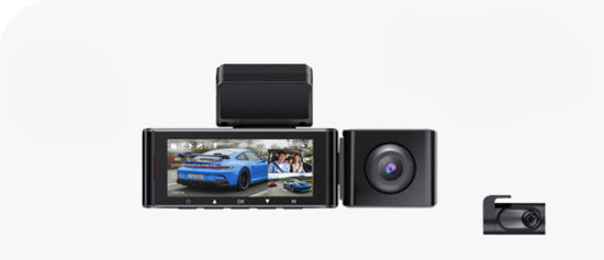 AZDOME M550 Pro dash cam package contents – front camera, rear camera, 64GB card, cables.
