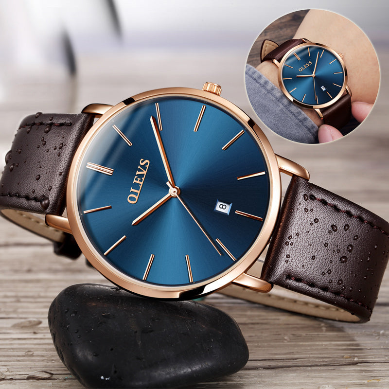 OLEVS ultra-slim 6.5mm men's luxury quartz watch Japan movement Hardlex crystal leather strap minimalist.
