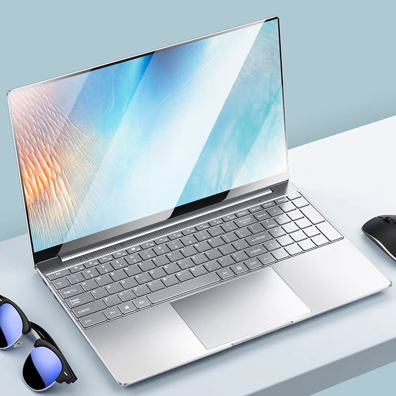 15.6 inch laptop with backlit keyboard and anti-blue light screen – top view.

