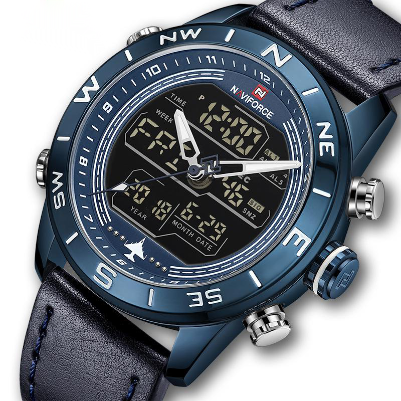 NAVIFORCE 9144 Men's Sport Watch Black Analog Digital Leather Strap.
