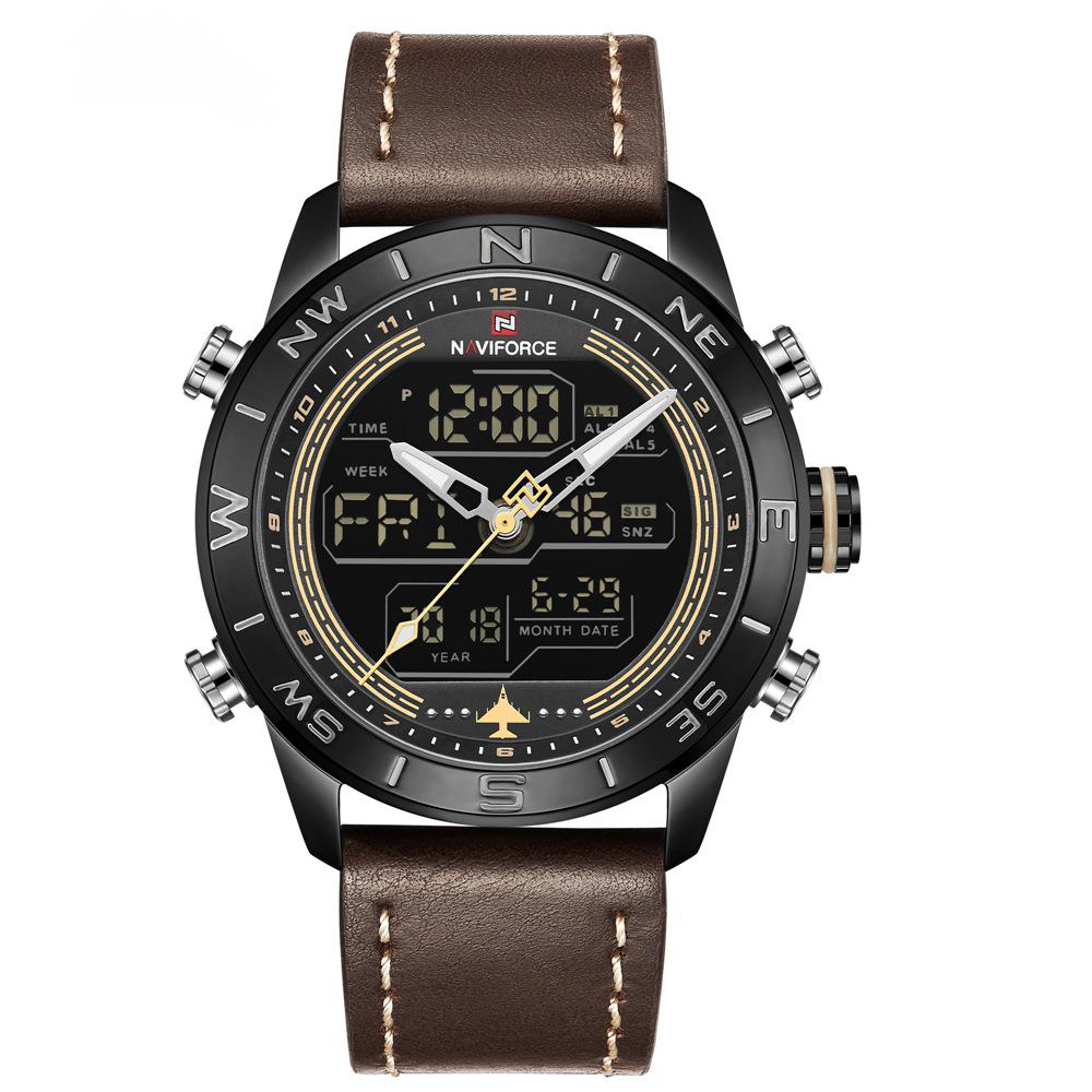 NAVIFORCE 9144 Red Men's Watch Dual Time Compass Bezel Leather Band.

