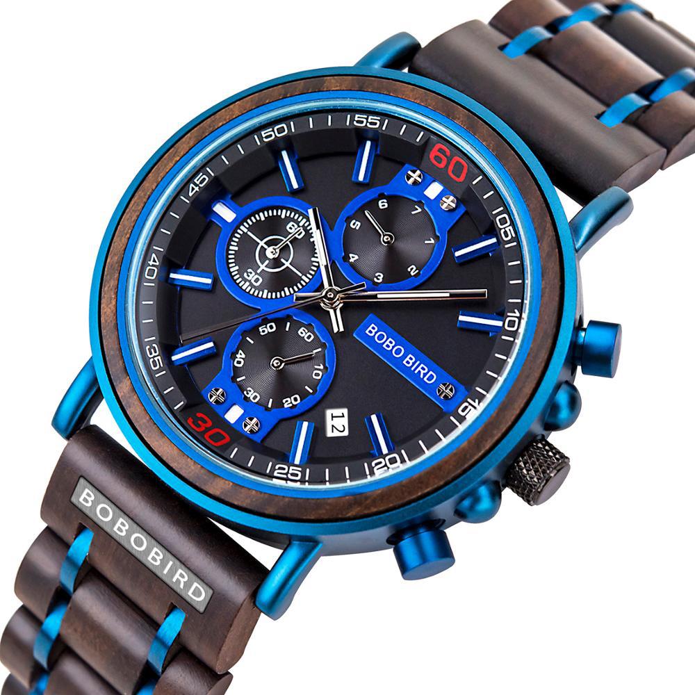 Blue wooden chronograph watch for men with blue dial and wood strap.
