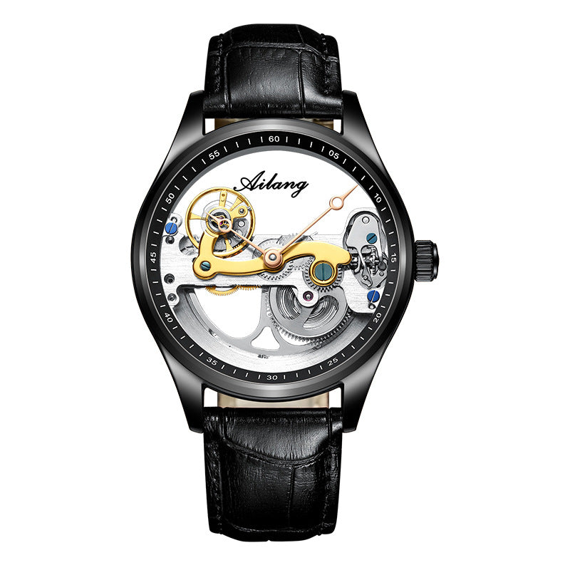 Ailang mechanical watch black case black leather strap skeleton dial luminous waterproof 30M sport watch.
