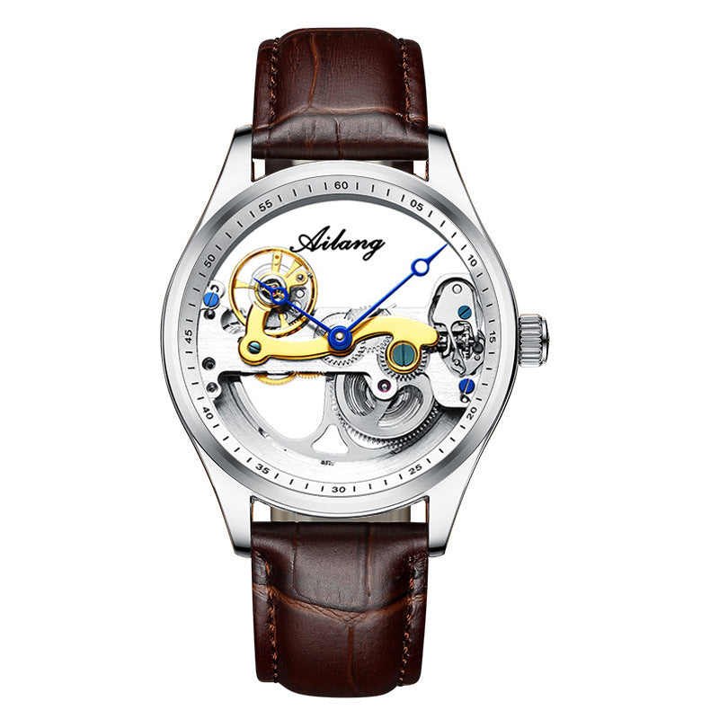 Ailang automatic watch gold case brown leather strap skeleton dial luminous waterproof men's gift.
