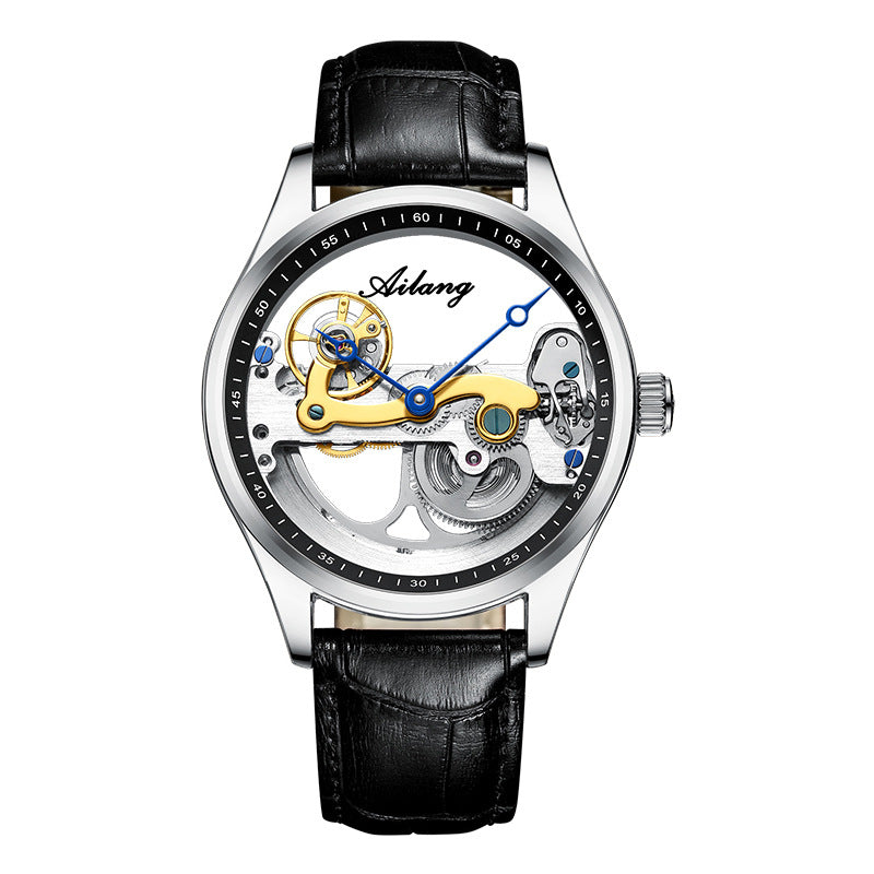 Ailang men's luxury mechanical watch wrist silver black leather 43mm skeleton dial luminous dress watch.
