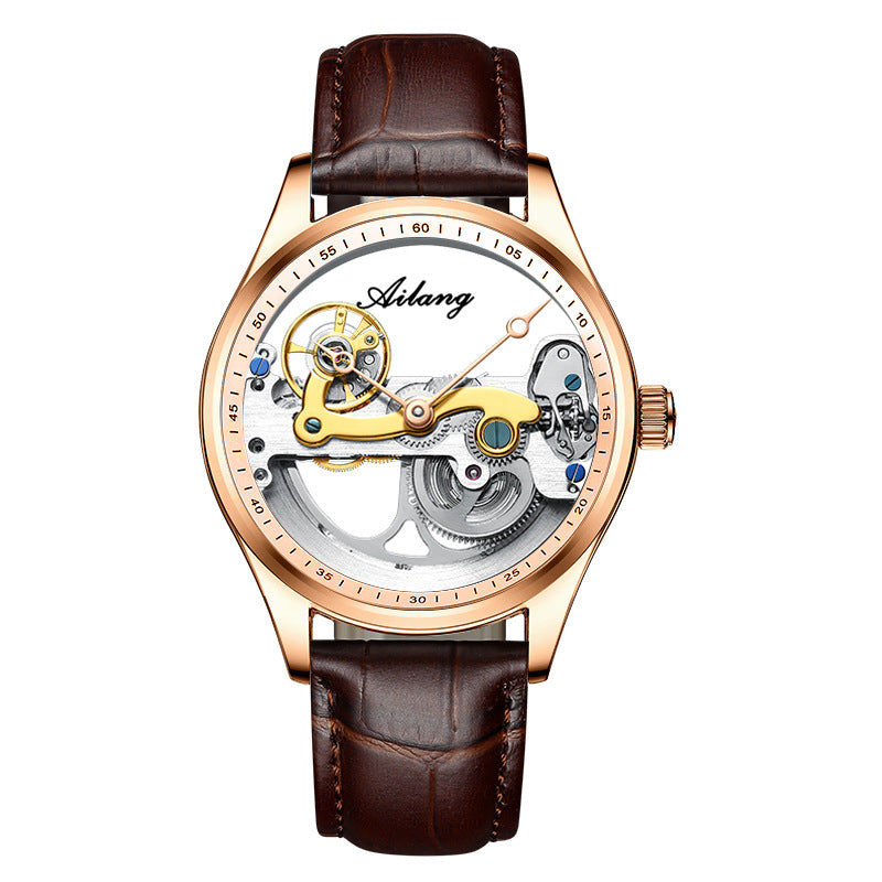 Ailang skeleton dial automatic mechanical movement visible gears balance wheel mineral glass men's watch.
