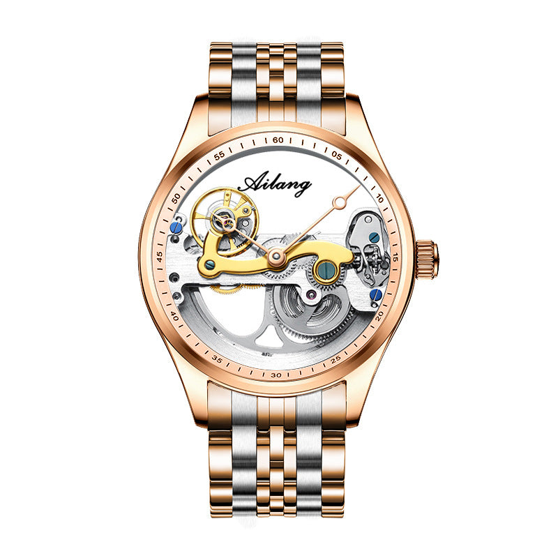 Ailang automatic mechanical watch silver mesh strap skeleton dial mineral glass luminous waterproof men.
