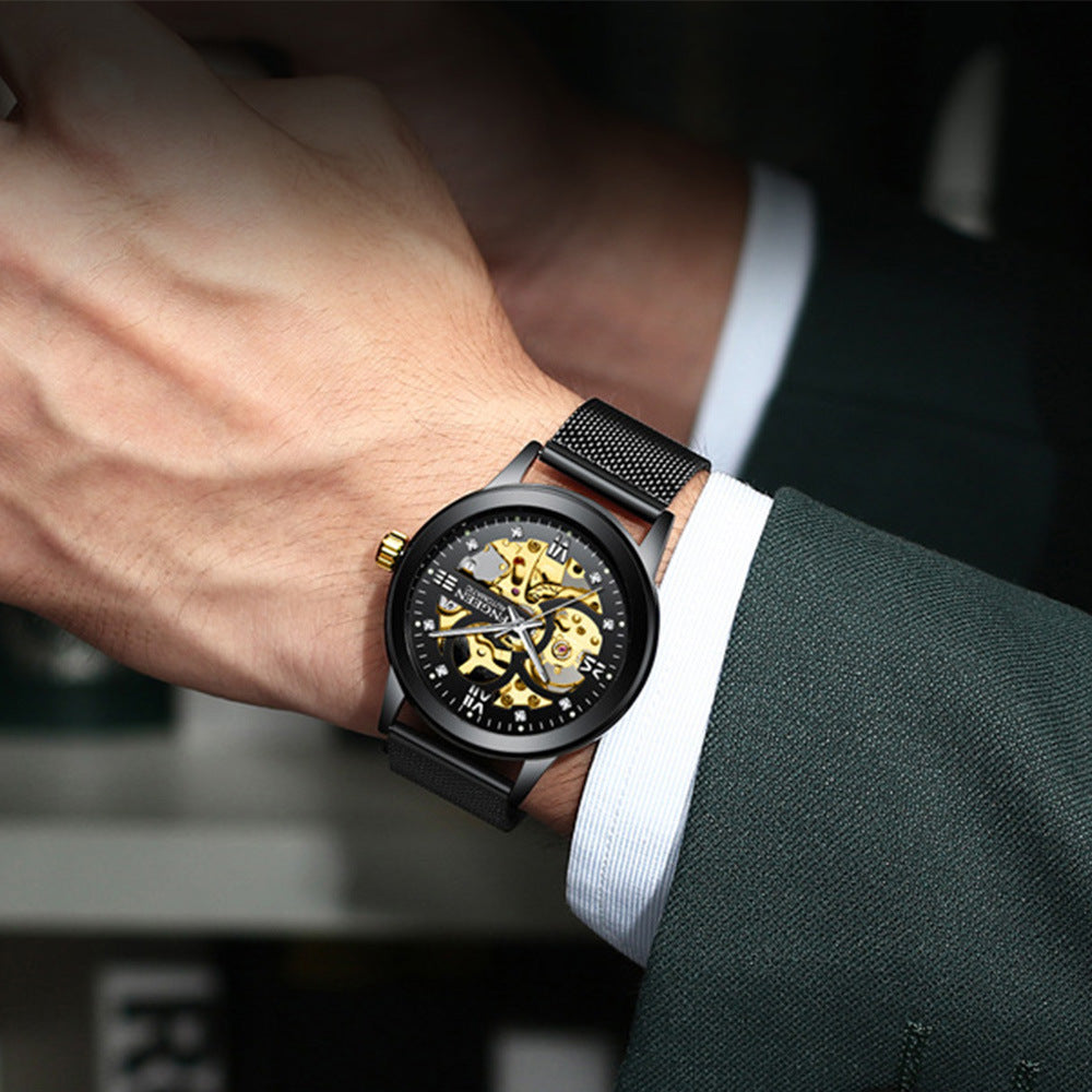 
FNGEEN automatic mechanical watch transparent caseback see-through movement waterproof 30M.

