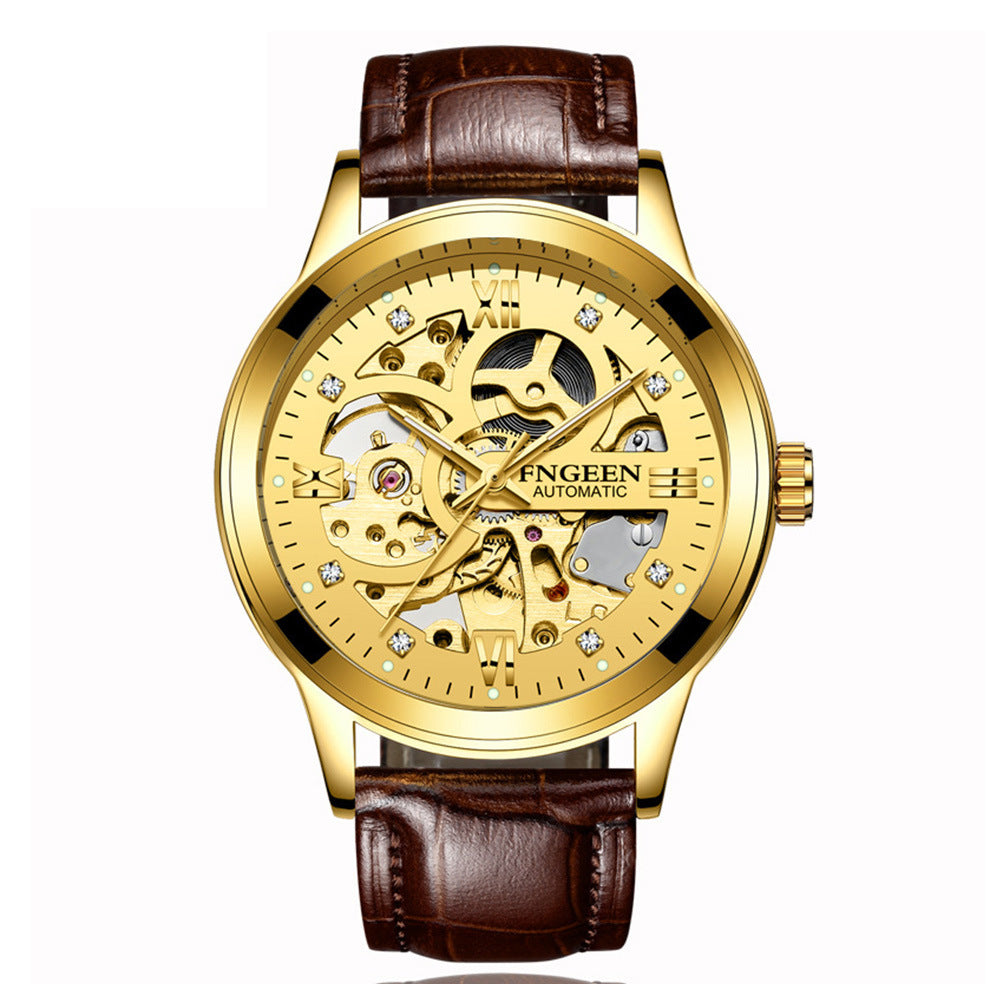 FNGEEN automatic watch brown leather strap gold skeleton dial luminous waterproof dress watch.
