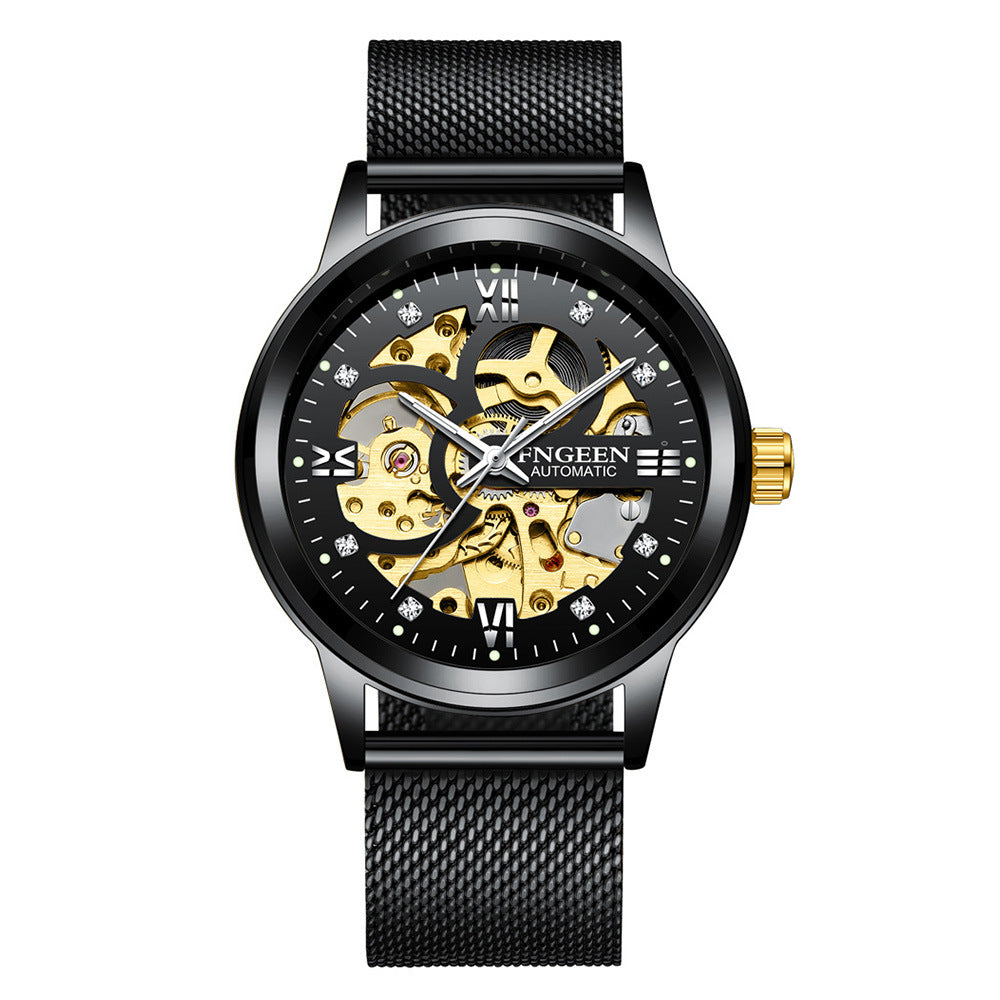 FNGEEN men's watch black steel belt automatic mechanical skeleton dial stainless steel.
