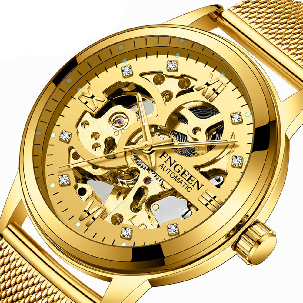 FNGEEN skeleton dial automatic mechanical watch Pearl movement transparent caseback men.
