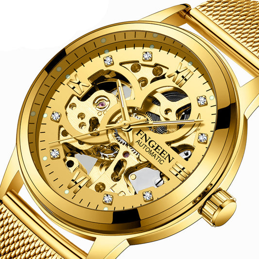 FNGEEN skeleton dial automatic mechanical watch Pearl movement transparent caseback men.
