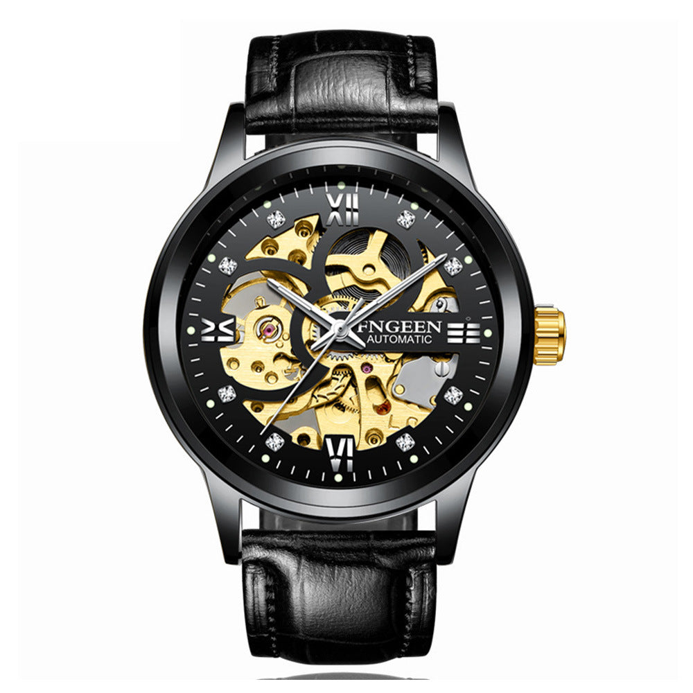 FNGEEN automatic watch black leather strap skeleton dial luminous waterproof 30M men gift.
