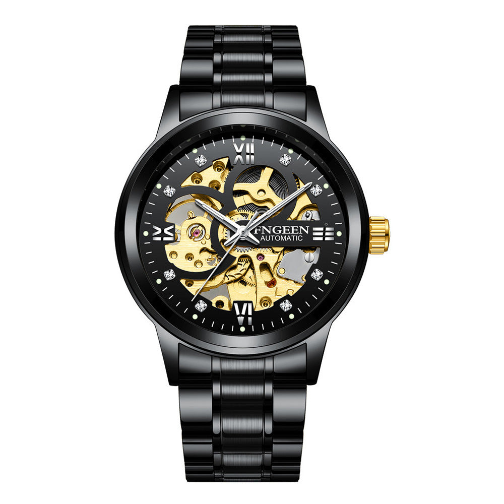 FNGEEN men's watch black steel belt automatic mechanical skeleton dial stainless steel.

