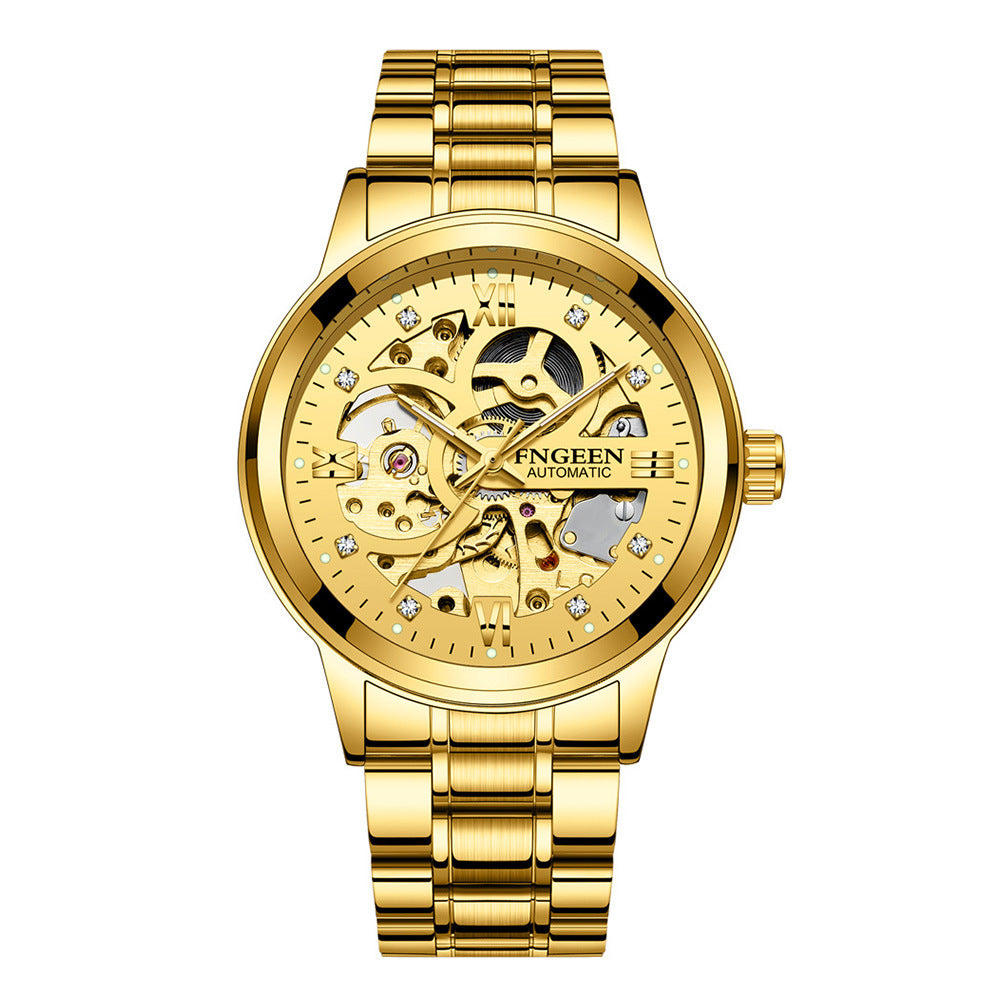 FNGEEN men's gold mechanical watch golden steel belt skeleton dial luminous waterproof 30M.

