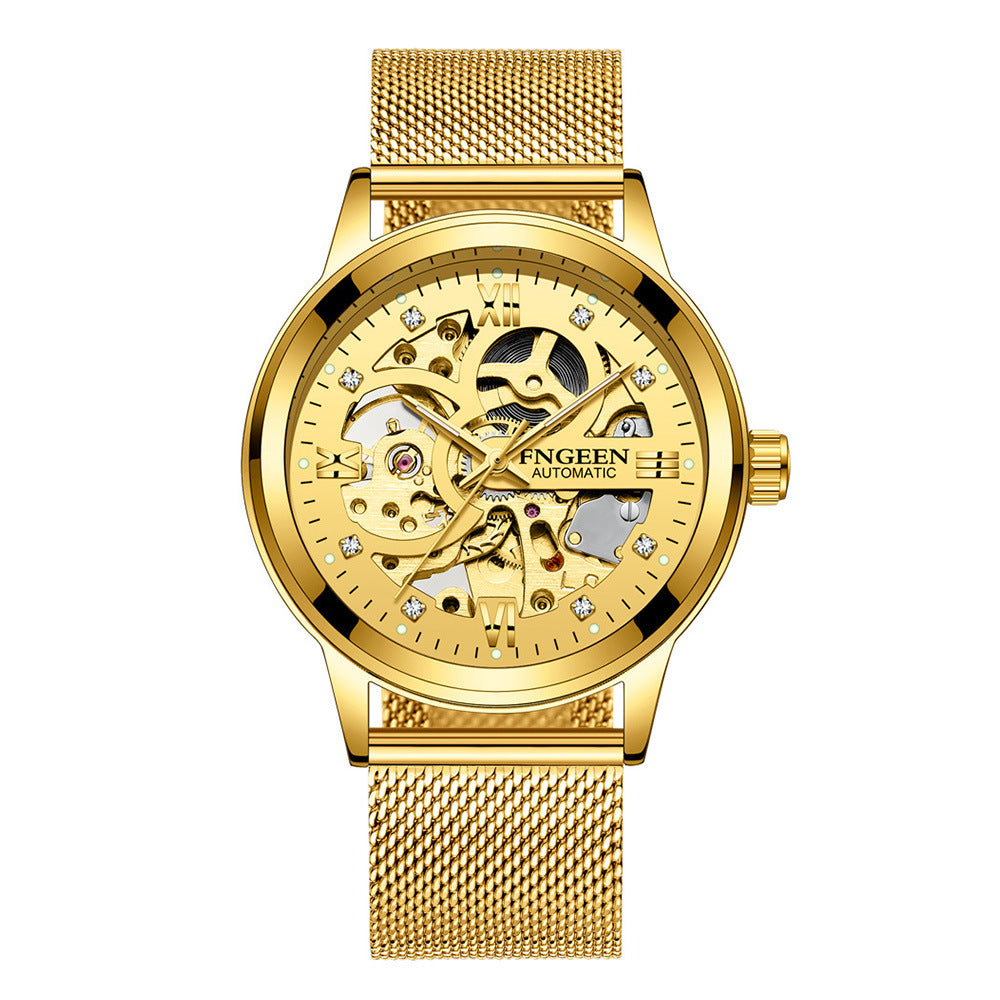 FNGEEN luxury gold watch golden mesh belt skeleton dial automatic mechanical men's gift.
