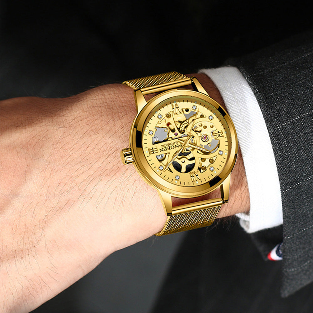FNGEEN men's dress watch skeleton dial stainless steel luminous waterproof business luxury.
