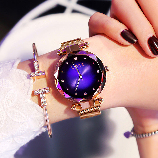 LSVTR women's watch blue starry sky dial rose gold magnetic mesh strap 3D diamond faceted quartz.

