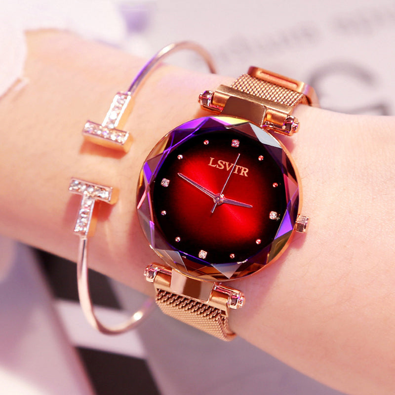 LSVTR women's rose gold diamond starry sky watch red dial magnetic mesh strap 3D faceted quartz.

