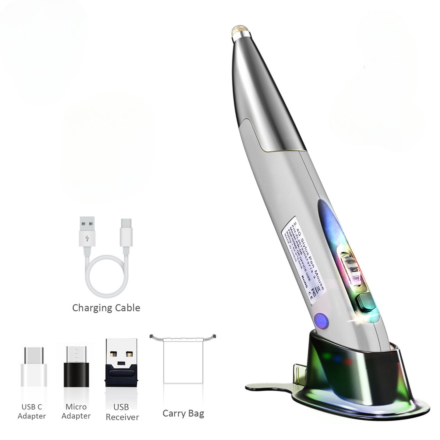 Ergonomic wireless pen mouse right hand use ambidextrous air mouse presenter.