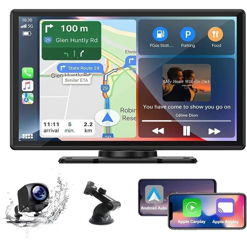 10.26 inch CarPlay car screen on desktop bracket connecting wirelessly to a smartphone for hands free calls and music.