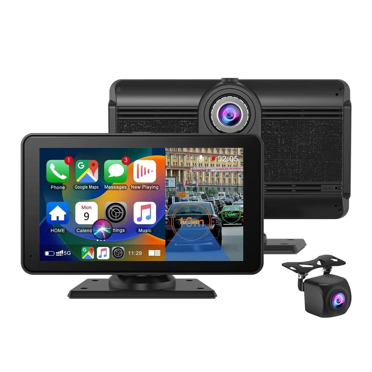 10.26 inch wireless CarPlay screen with rear backup camera and dashboard mount, silver car multimedia display .