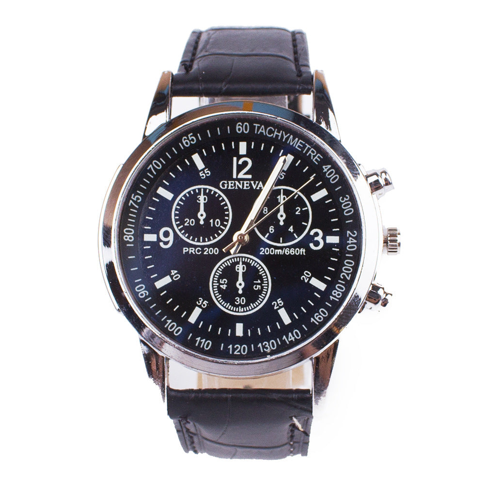 Men's quartz wrist watch black dial black belt blue glass chronograph style gift for men.
