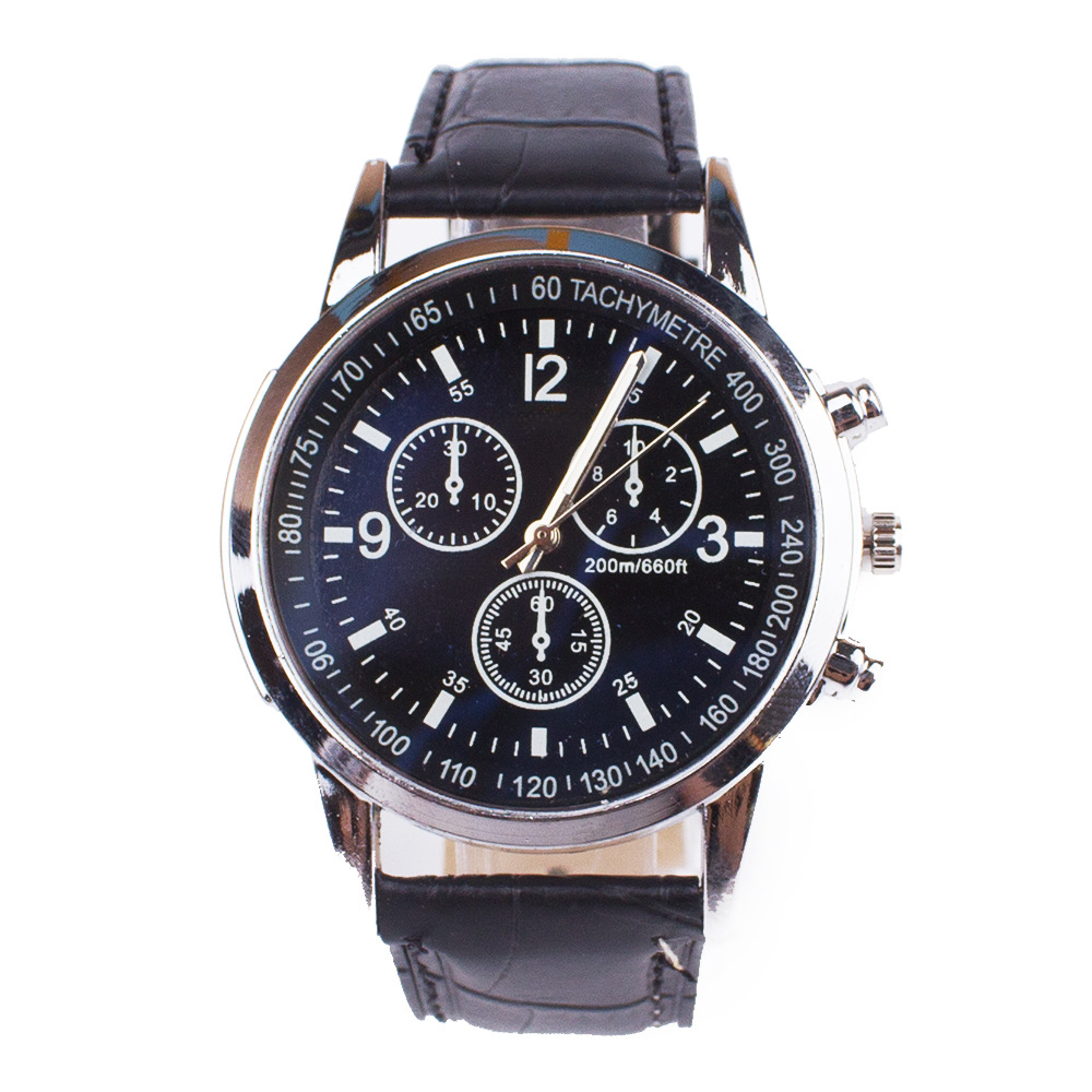 Men's quartz watch black dial black leather strap chronograph style.
