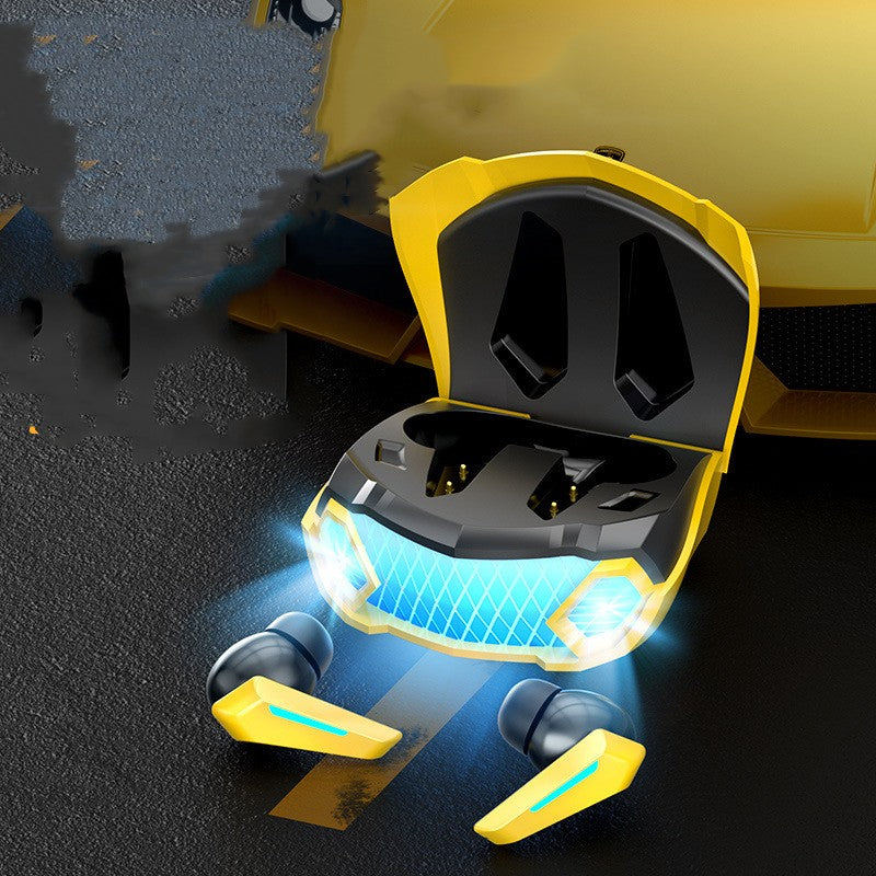 Yellow gaming wireless earbuds robot design low latency Bluetooth case open.