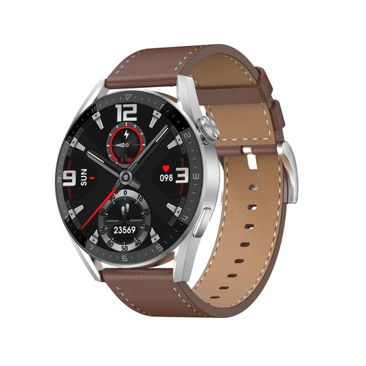 IP68 smartwatch brown leather strap Bluetooth calling blood pressure SpO2 premium health watch.
