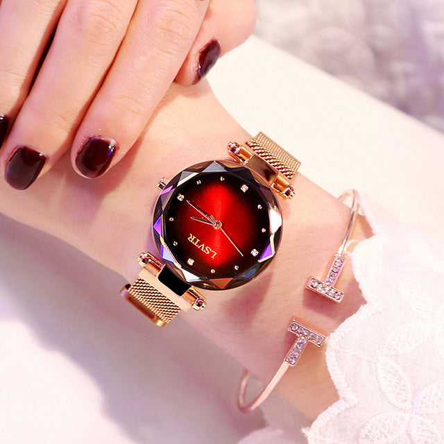 LSVTR women's watch red starry sky dial rose gold magnetic mesh strap 3D faceted quartz gift women.
