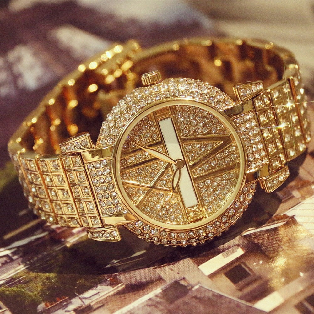 Luxury quartz wristwatch women gold silver bracelet crystal encrusted bezel dress watch gift.
