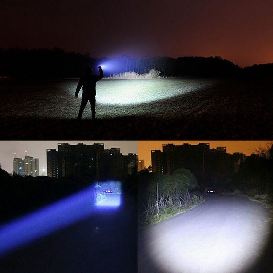 LED flashlight showing adjustable zoom focus feature.
