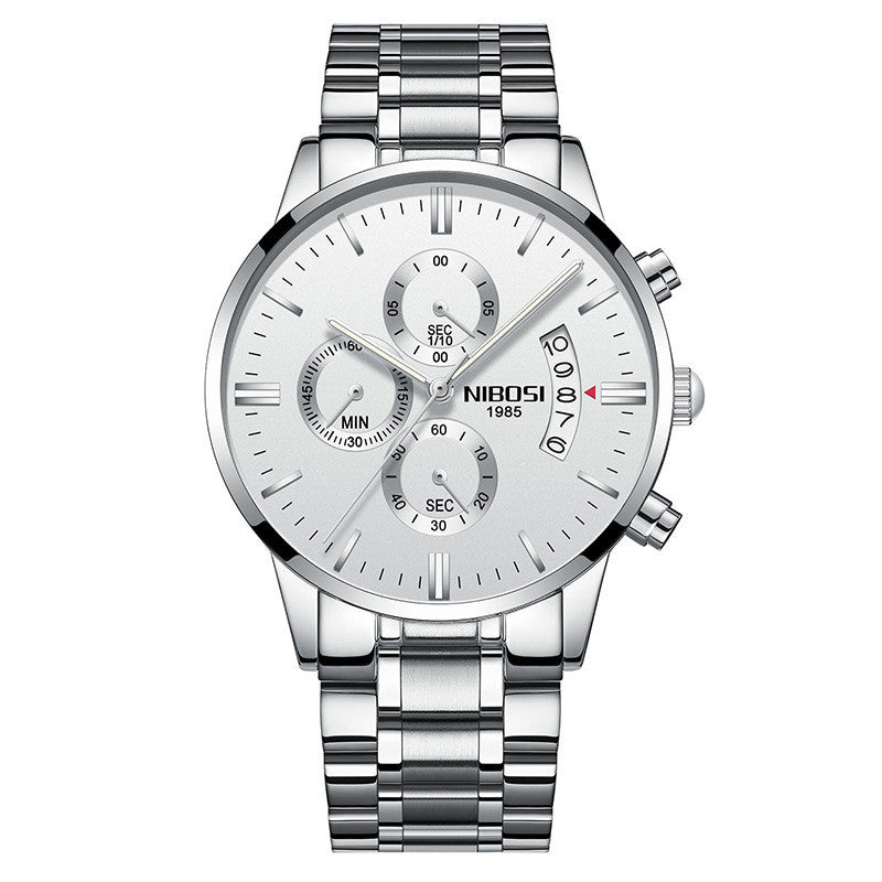 NIBOSI 1985 men's quartz watch stainless steel 43mm premium design.