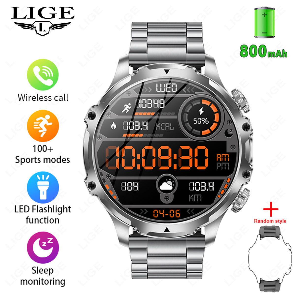 AK75 Smart Watch Steel Band Silver Bluetooth Call Notifications.
