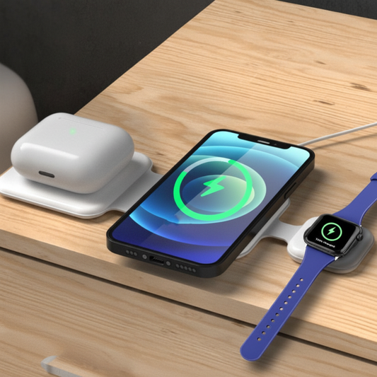  3-in-1 magnetic wireless charging station for iPhone, Apple Watch and AirPods on wooden desk.


