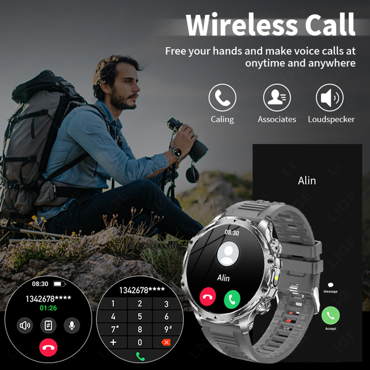 LIGE AK75 Smartwatch Silver Steel Band Blood Oxygen Tracker.
