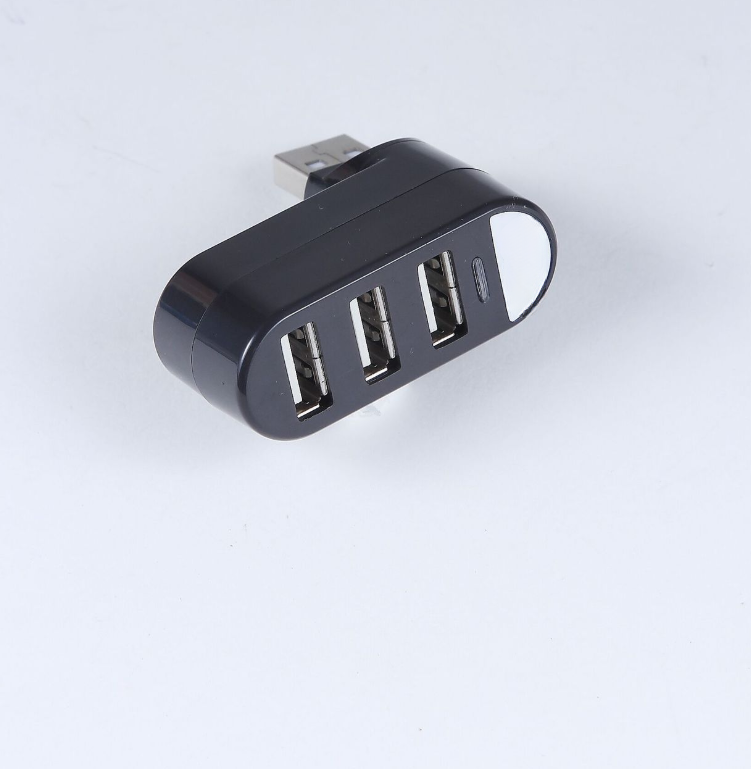 Black mini USB hub 3 ports top view - plug and play laptop USB splitter.