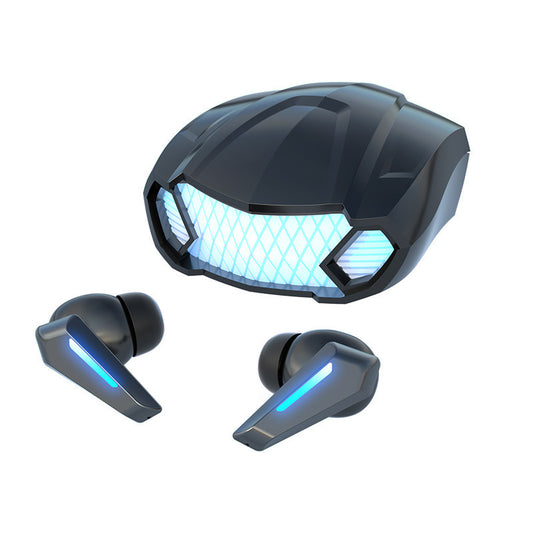 Gaming TWS earbuds black futuristic design Bluetooth 5.2 charging case LED display.
