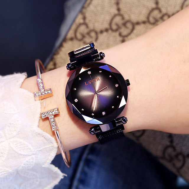 LSVTR women's starry sky watch black blue red dial rose gold magnetic strap fashion luxury gift.
