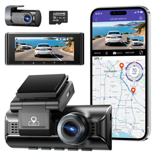 AZDOME M550 Pro dash cam with GPS tracking and live map view on smartphone app.

