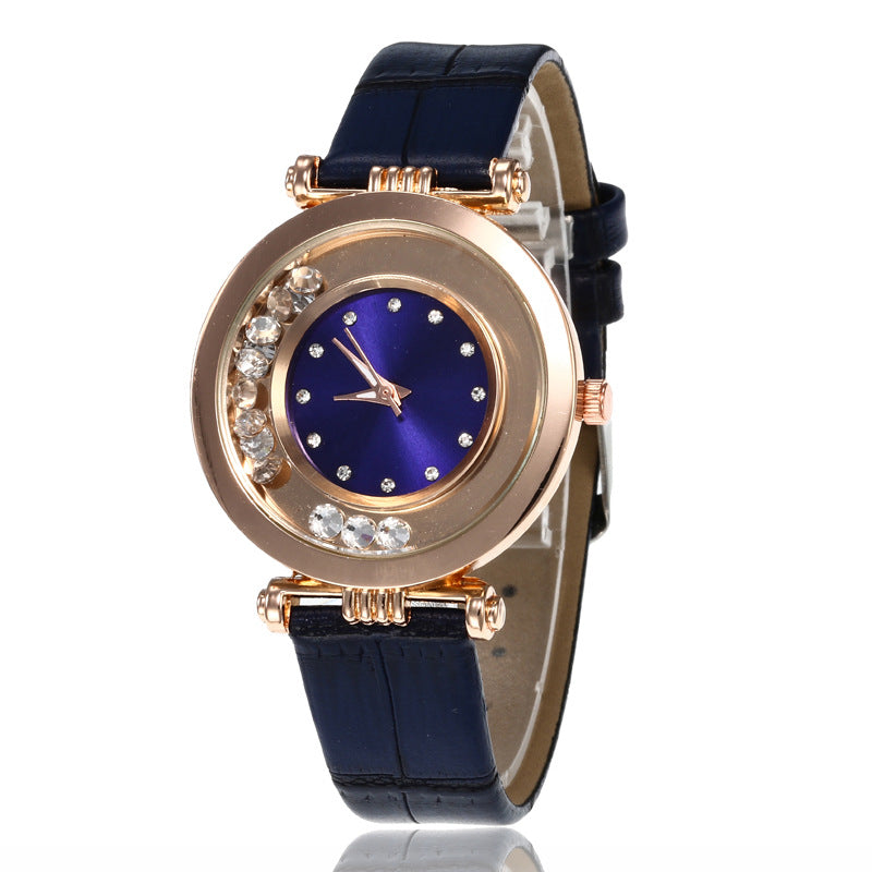 Women's Diamond Watch – Round Dial 37mm Crown Shoulder Bridge Design Leather Strap.

