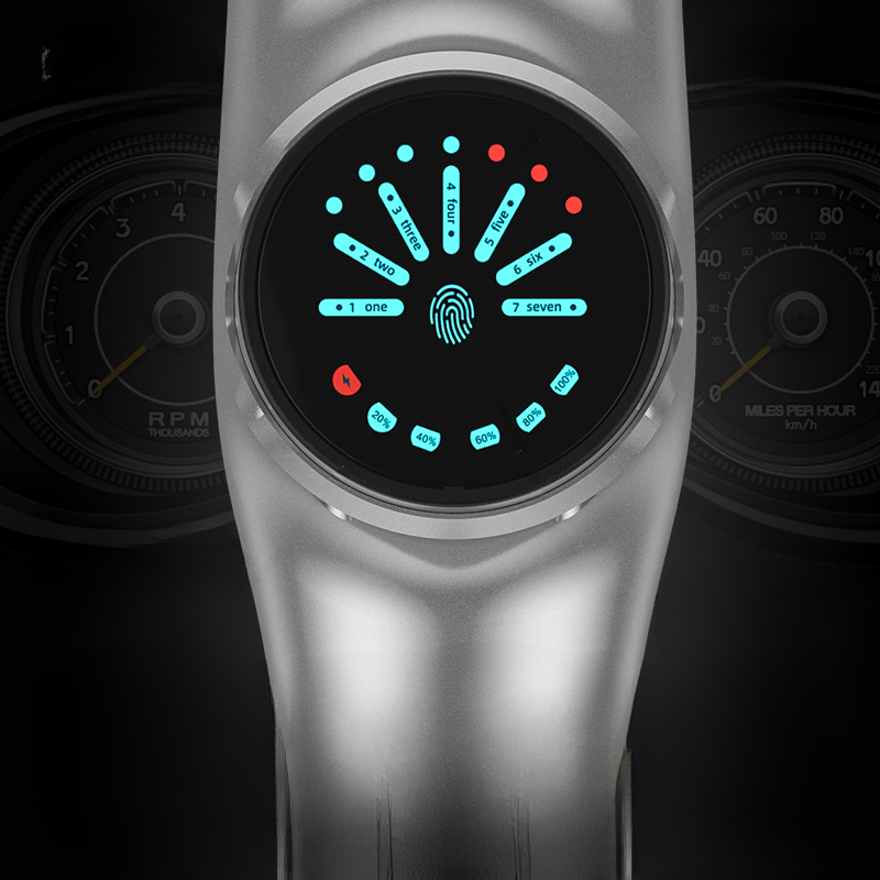 Electric muscle massager gun front view showing circular LED indicator panel.
